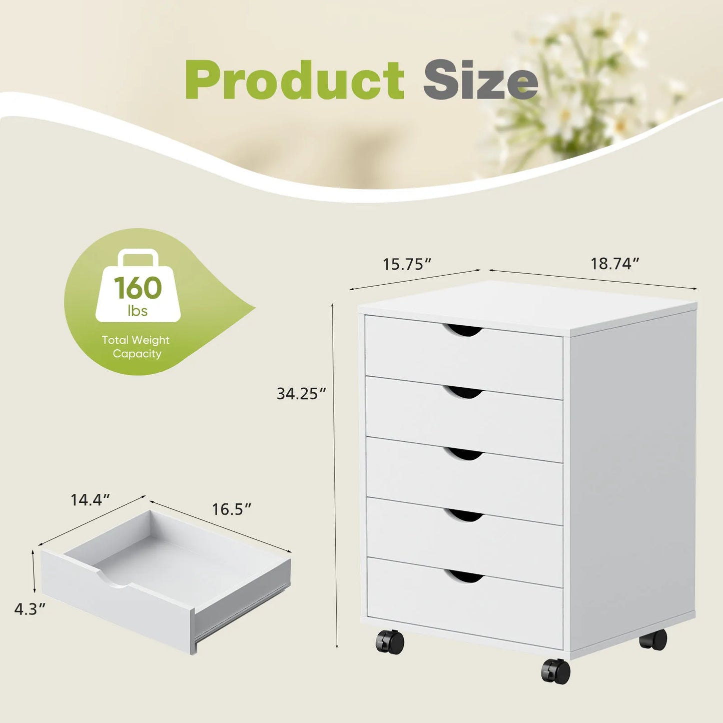 JHK Wood Nightstand Cabinet 5 Drawers Waterproof Surface Storage Organizer File Office Easy To Move Bedside Table Rotating Wheel