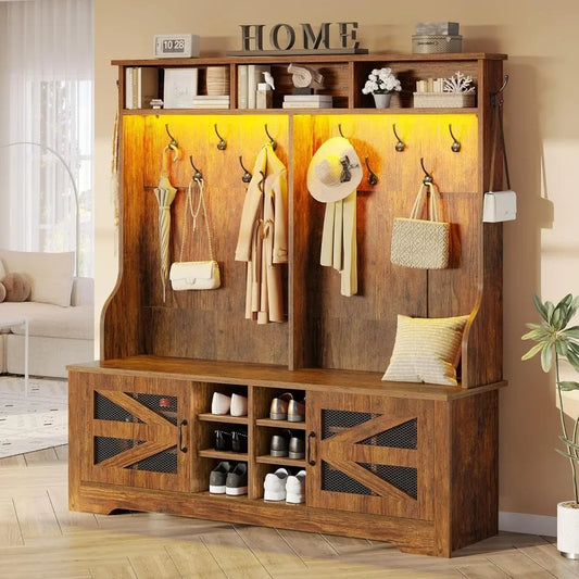 5 in 1 Entryway Bench with Coat Rack, Shoe Cubbies & Shelf
