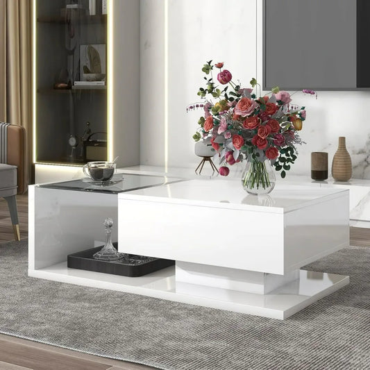 Coffee Table with Tempered Glass, Cocktail Table with High-Gloss UV Surface, Modernist 2-Tier Center Table for Living Room