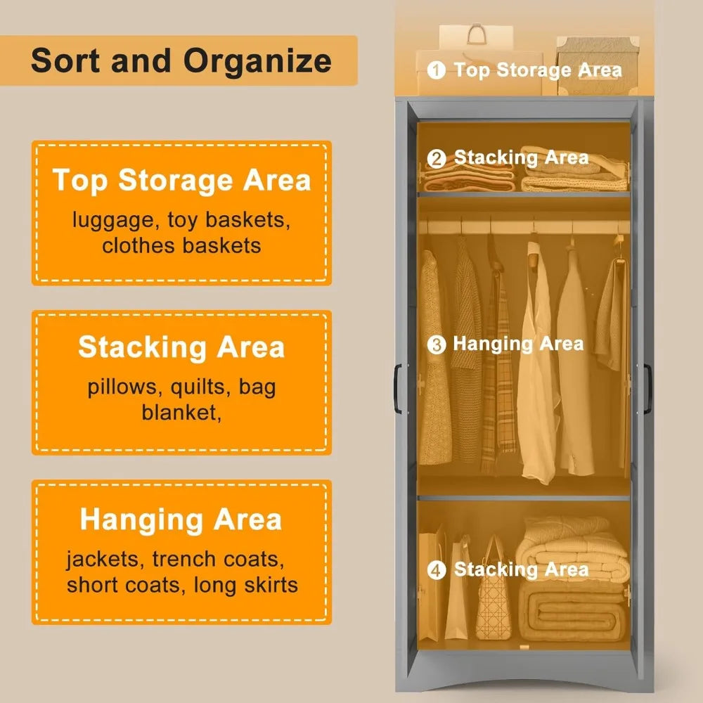 2 Door Wardrobe Closet, Armoire with 2 Shelves