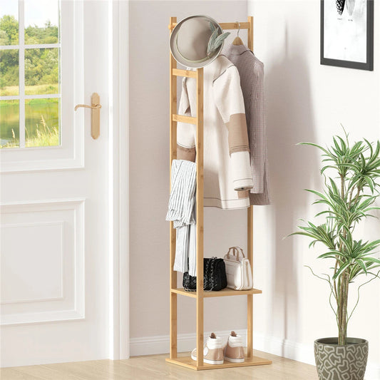 Heavy Duty Bamboo Coat Stand with Hook and Shelves