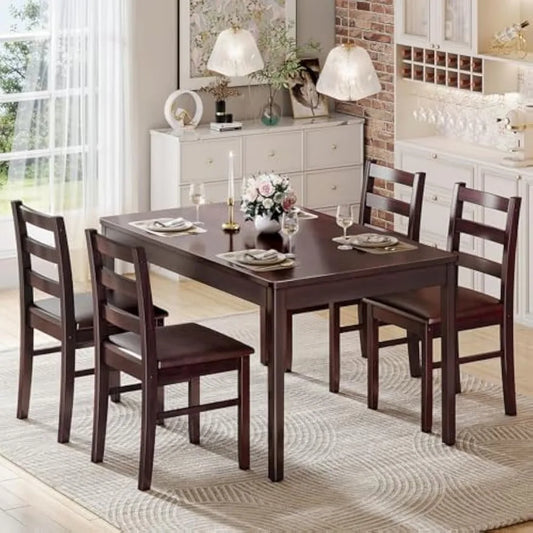Wood Dining Table Set for 4, Compact Mid-Century Modern Table & Chair Set for Home, Padded Seats, Wooden Frame, Coffee