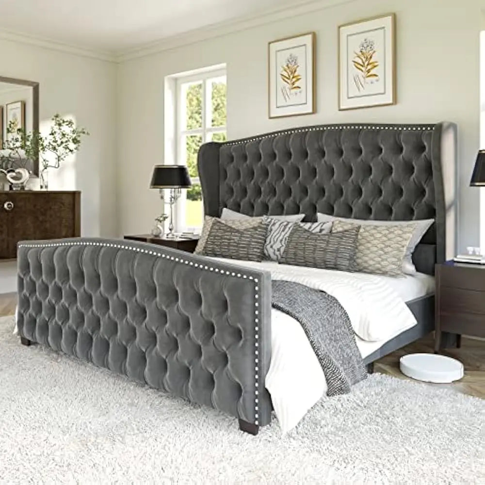 King& Queen Size Bed Frame, Velvet Upholstered