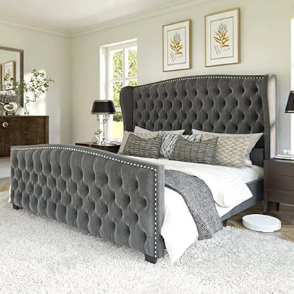 King& Queen Size Bed Frame, Velvet Upholstered