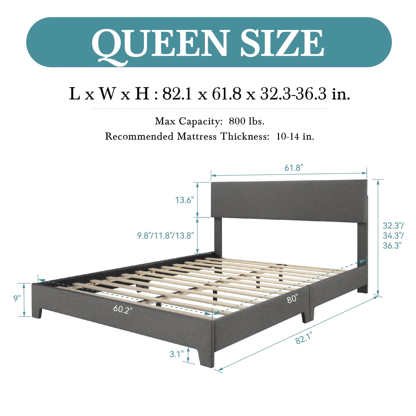 Full - Queen - King Bed Frame with Adjustable Headboard