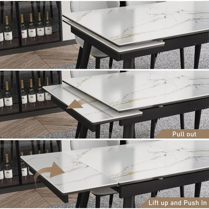 Extendable Dining Table for 4-8, 55"- 78" Rectangular Sintered Stone Dining Room Table, Faux Marble White Kitchen Table for Dini