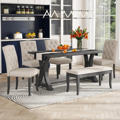 Farmhouse Dining Table Set for 6, Kitchen Table Set with Chairs and Bench, 6 Piece Solid Wood Dining Room Set with Trestle Table