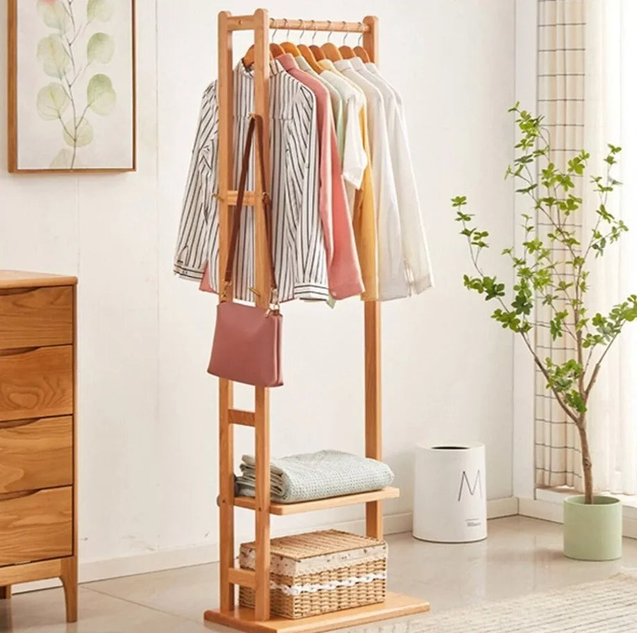 Heavy Duty Bamboo Coat Stand with Hook and Shelves