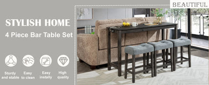 Dining Bar Table and Chairs with Power Outlet, 4 Piece Bar Table Set with Chairs, Sofa Bar Table with 3 Padded Stools