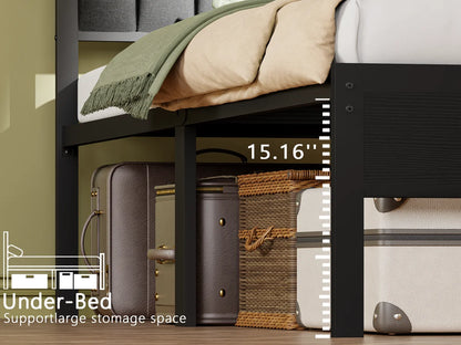 Full/Queen size bed frame with charging station, LED