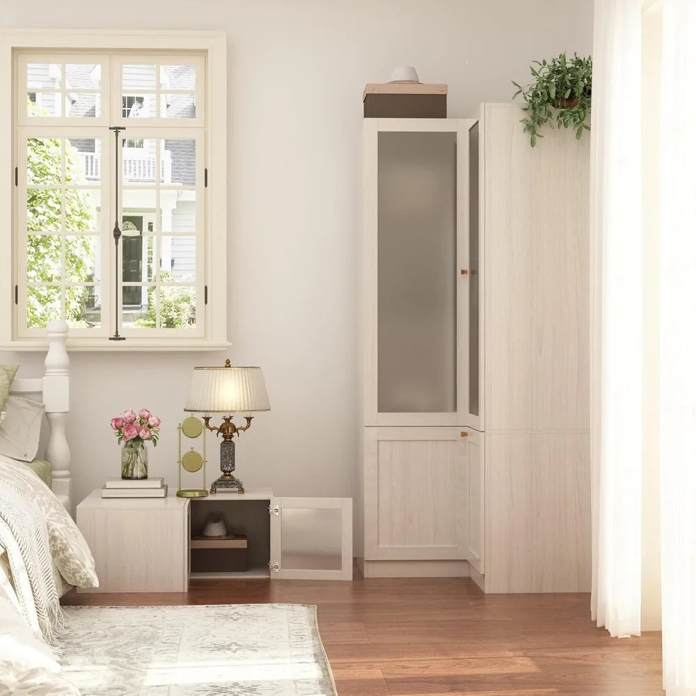 L-Shape Armoire Wardrobe Closet with Frosted Glass Doors