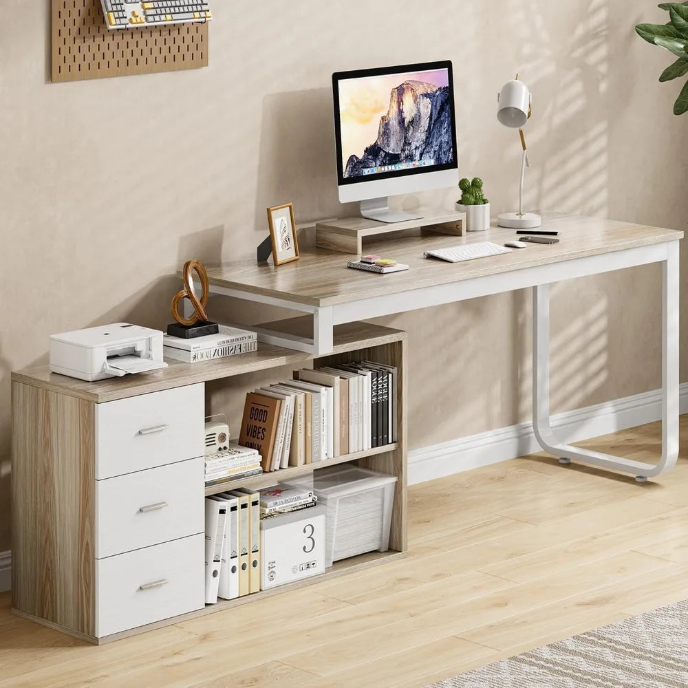 Desk with Drawers, 55 Inch L Shaped, Removable Monitor Stand