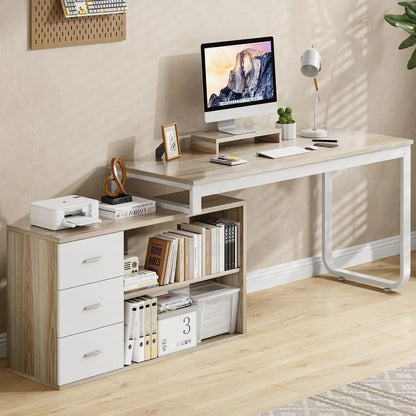 Desk with Drawers, 55 Inch L Shaped, Removable Monitor Stand