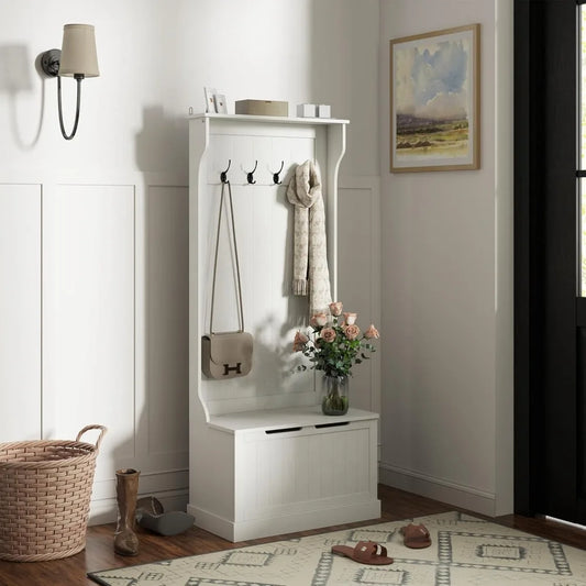 Standing Coat Rack with Shoe Bench and Four Hooks