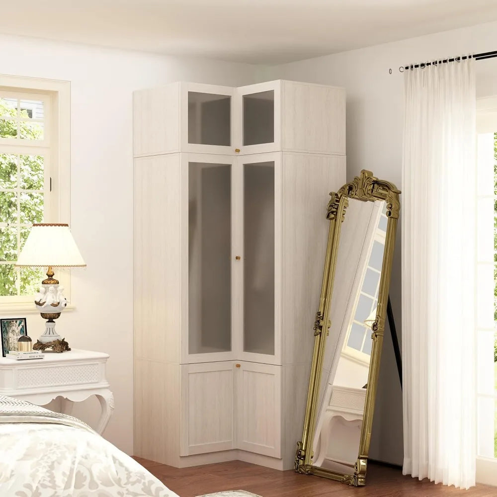 L-Shape Armoire Wardrobe Closet with Frosted Glass Doors