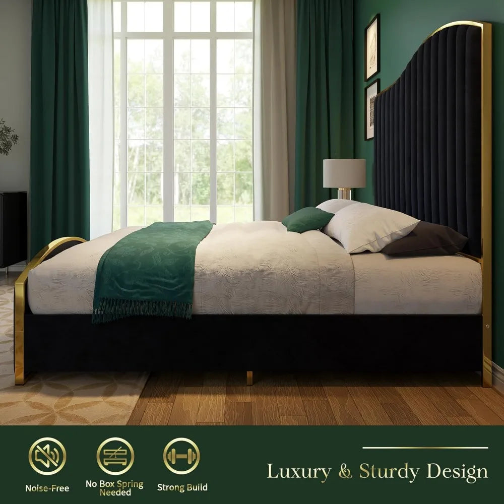 King & Queen Size Bed Frame Velvet Upholstered Platform Bed