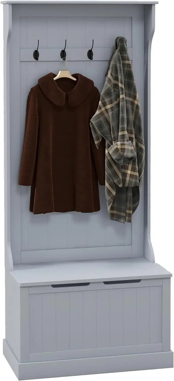 Standing Coat Rack with Shoe Bench and Four Hooks