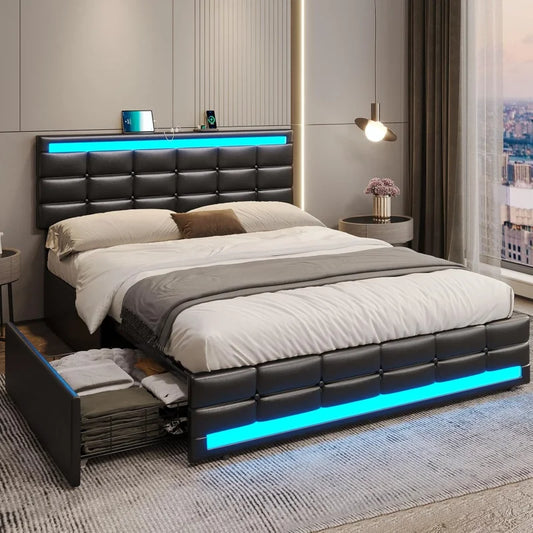 Bed Frame with Leather Platform and Storage – Twin, Queen & Full Sizes