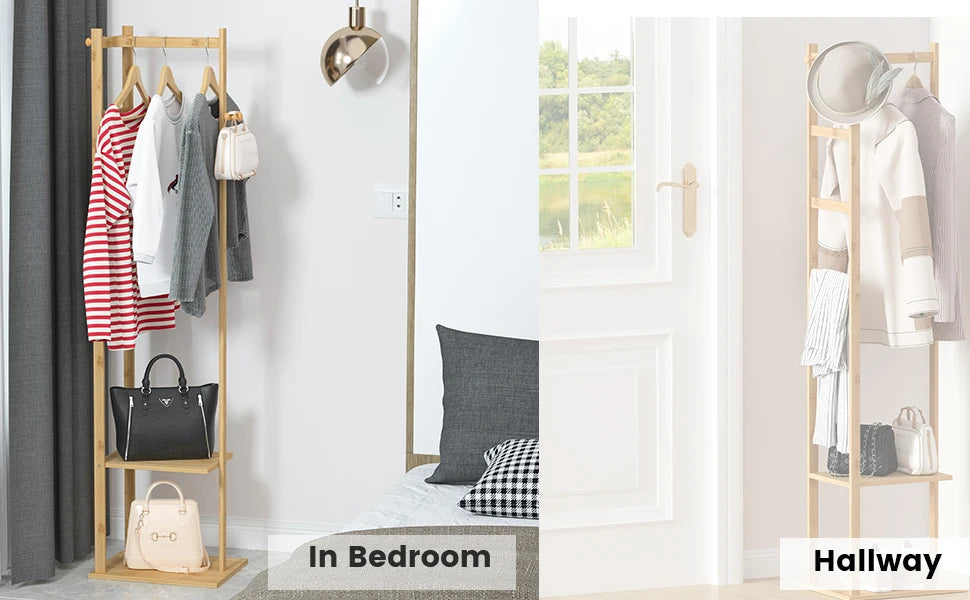 Heavy Duty Bamboo Coat Stand with Hook and Shelves