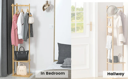 Heavy Duty Bamboo Coat Stand with Hook and Shelves