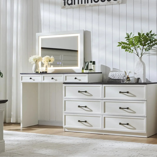 Vanity Desk with Glass Top, Dresser with 9 Storage Drawers