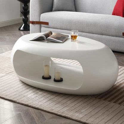 LUMISOL 53.93” Oval Coffee Table, Modern Sturdy Fiberglass Coffee Table with Storage Shelf, 2-Tier Center Cocktail Table for