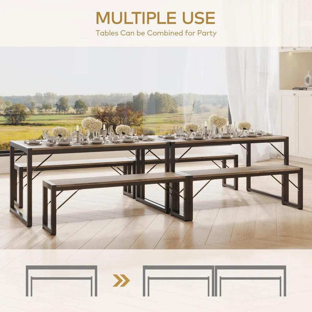 Dining Table Set for 4, with 2 Benches, Dinner Table Set with Metal Frame, Space-Saving Dinette, Dining Room Set