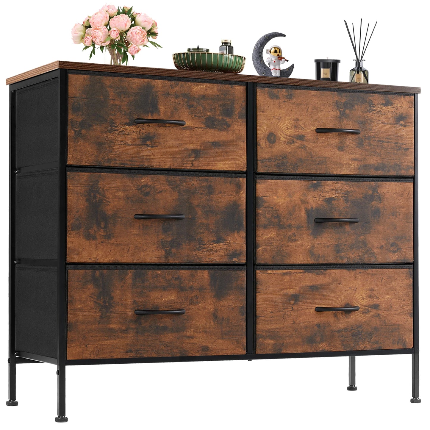 JHK 6 Fabric Drawers Nightstand For Bedroom Bedside Sofa Table With Storage Closet Chest Clothes Display Cabinet Furniture