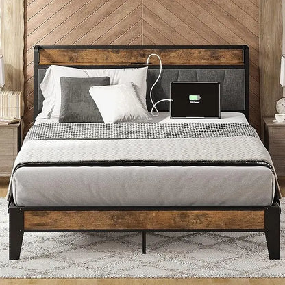 Queen Bed Frame, Storage Headboard with Charging Station