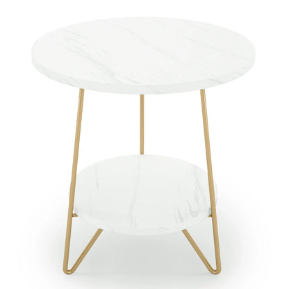 Tribesigns 2 Tier Faux Marble End Table Round Side Table with Shelves Small Coffee Accent Table for Living Room, White and Gold
