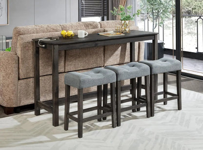 Dining Bar Table and Chairs with Power Outlet, 4 Piece Bar Table Set with Chairs, Sofa Bar Table with 3 Padded Stools