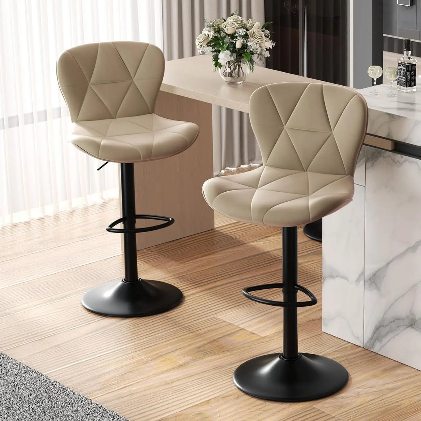 Modern Bar Stools Set of 2, Adjustable Faux Leather Upholstered