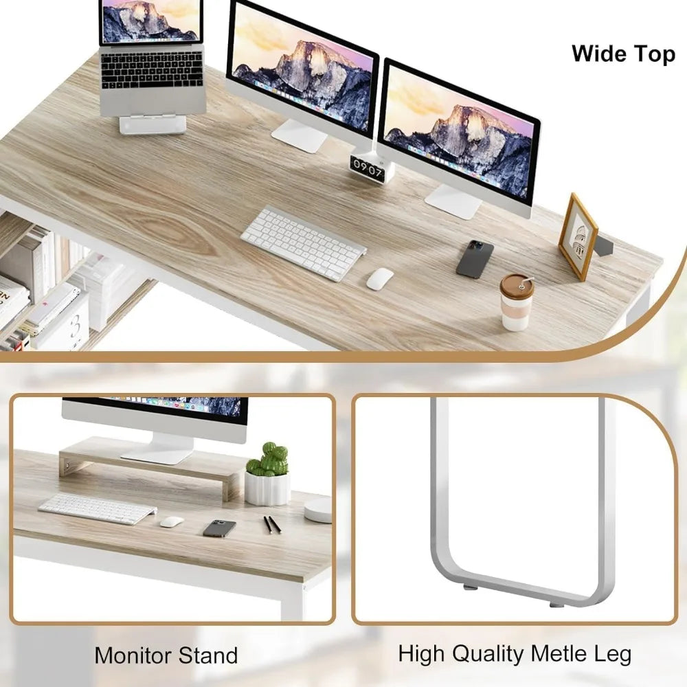 Desk with Drawers, 55 Inch L Shaped, Removable Monitor Stand