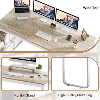 Desk with Drawers, 55 Inch L Shaped, Removable Monitor Stand