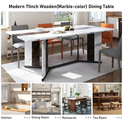 71In Large Rectangular White Dining Table for 4 5 6 8 10 People, Family Dinner Table w/Marble Color, Wood Tabletop, Metal Leg