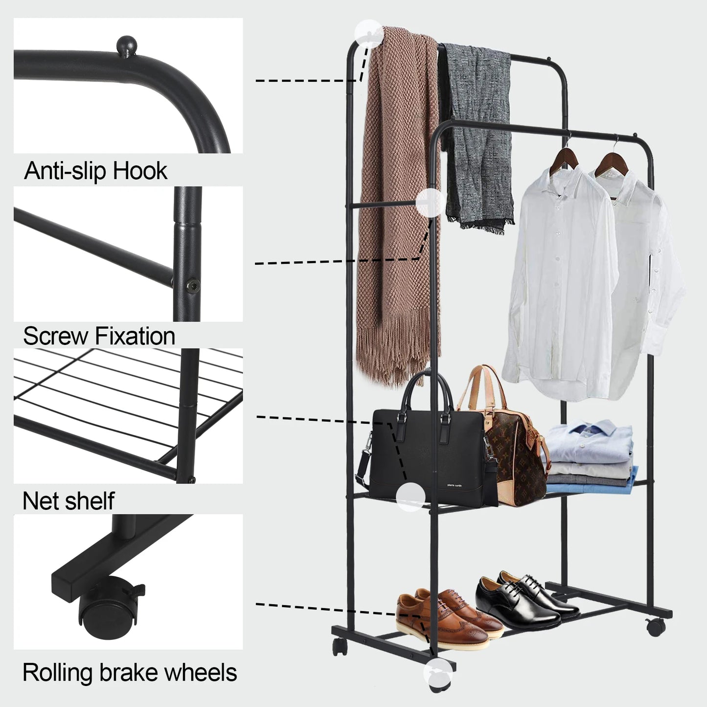 Coat Rack Double Rail Rolling Stand Shoes Rack Storage Shelf