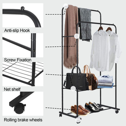 Coat Rack Double Rail Rolling Stand Shoes Rack Storage Shelf