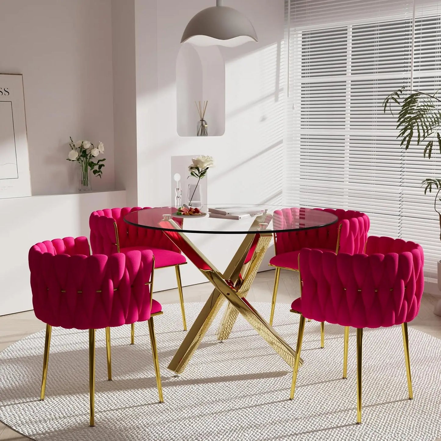 Golden Round Glass Dining Table Set for 4, 39'' Clear Dinner Table Set, 5 Pieces Modern Luxury Circle Kitchen Table and Green