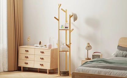 Bamboo Corner Tree Coat Rack with Hooks and Shelves