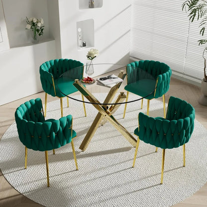 Golden Round Glass Dining Table Set for 4, 39'' Clear Dinner Table Set, 5 Pieces Modern Luxury Circle Kitchen Table and Green