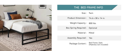 Metal Bed Frame, No Box Spring Needed - Queen, Full, King and Twin Sizes