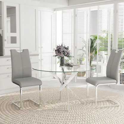 5-Piece Round Dining Table Set for 4, 47" Small Circle Tempered Glass Kitchen Table Set with Chrome Silver Leg, Upholstered