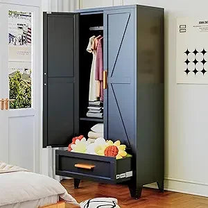 Metal Wardrobe Closet with Hanging Rod & 2 Barn Doors