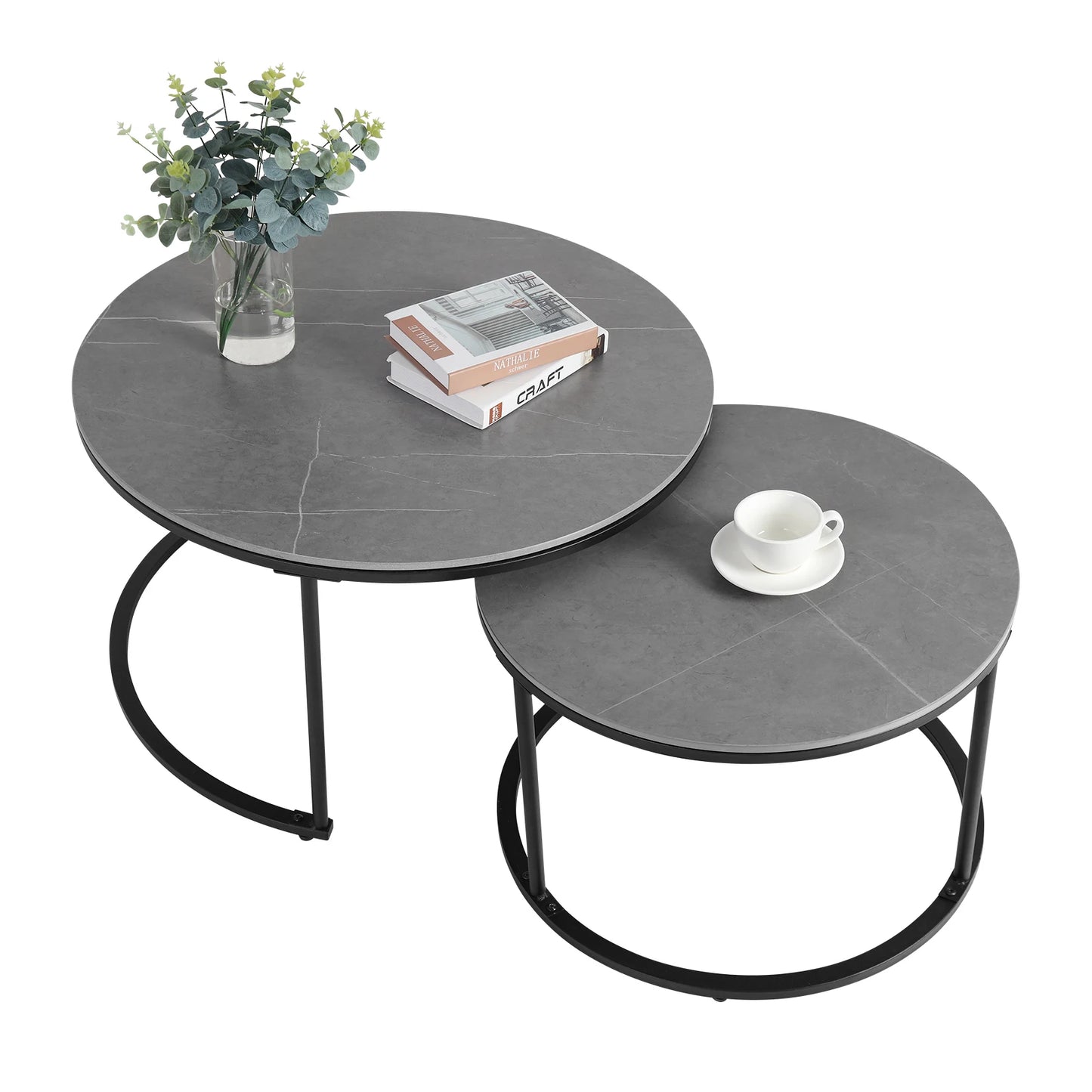 Set of 2 Real Marble Round Nesting Coffee Table Grey Side End Table Accent Table Metal Legs Waterproof