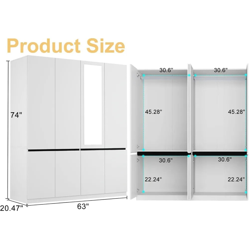 4 Door Wardrobe Cabinet with 2 Hanging Rod and 1 Mirror
