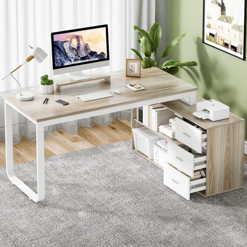 Desk with Drawers, 55 Inch L Shaped, Removable Monitor Stand