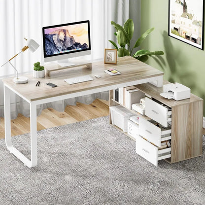 Desk with Drawers, 55 Inch L Shaped, Removable Monitor Stand