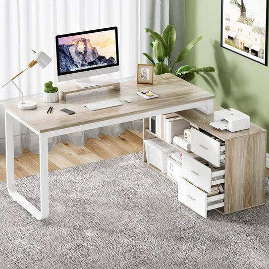 Desk with Drawers, 55 Inch L Shaped, Removable Monitor Stand
