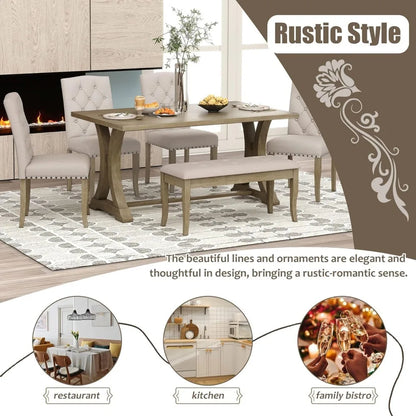 Farmhouse Dining Table Set for 6, Kitchen Table Set with Chairs and Bench, 6 Piece Solid Wood Dining Room Set with Trestle Table