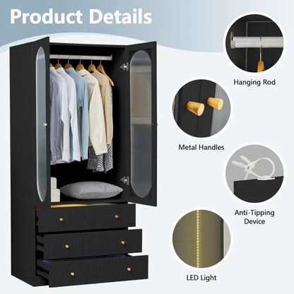Wardrobe Closet with 3 Fluted Drawers and Hanging Rail